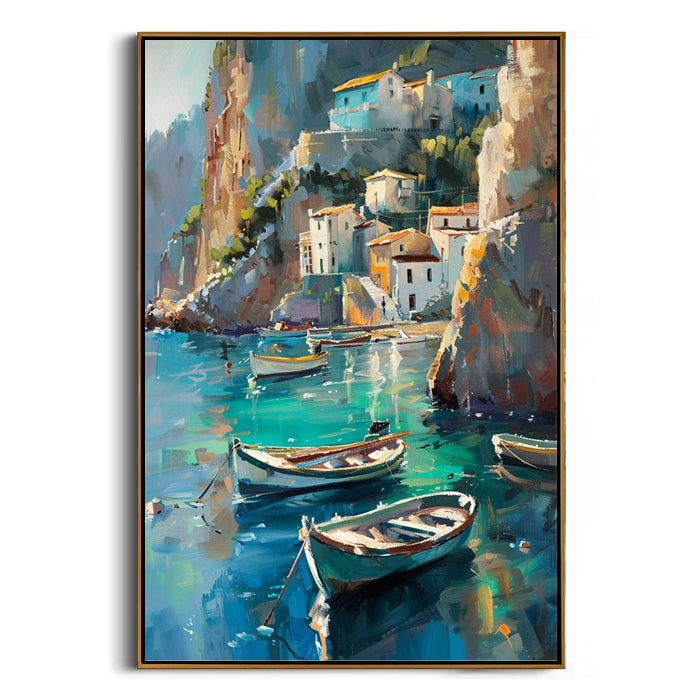 rowboats & cliffside houses framed canvas painting