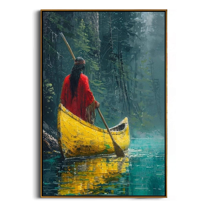 red robed figure on teal forest lake canvas painting