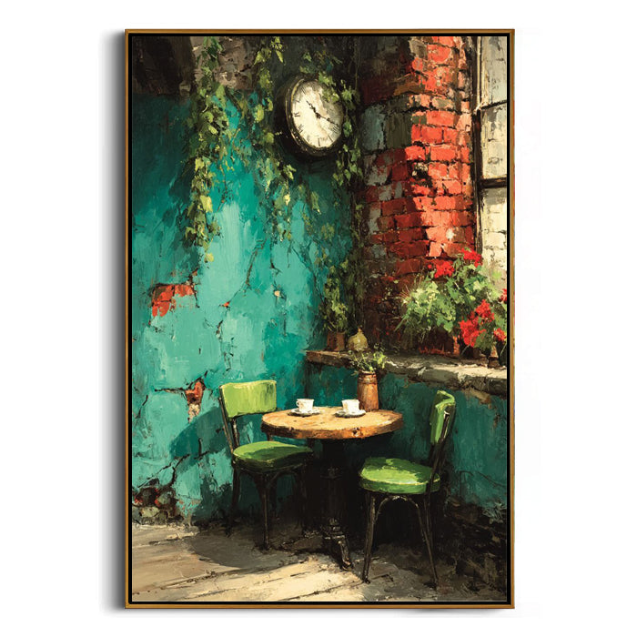 teal wall & red brick framed canvas painting