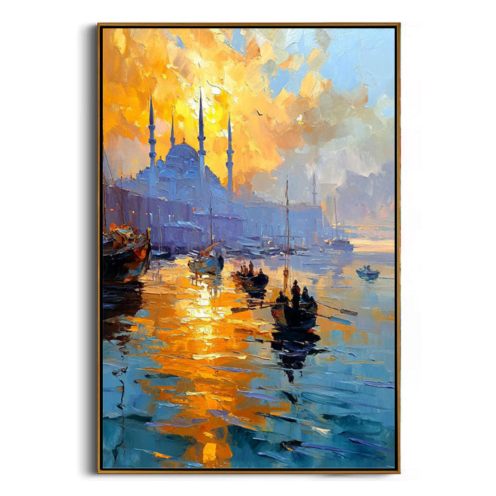 mosque skyline & boats framed canvas painting