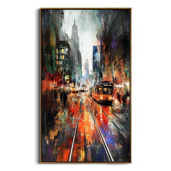rainy city tram tracks wall decor