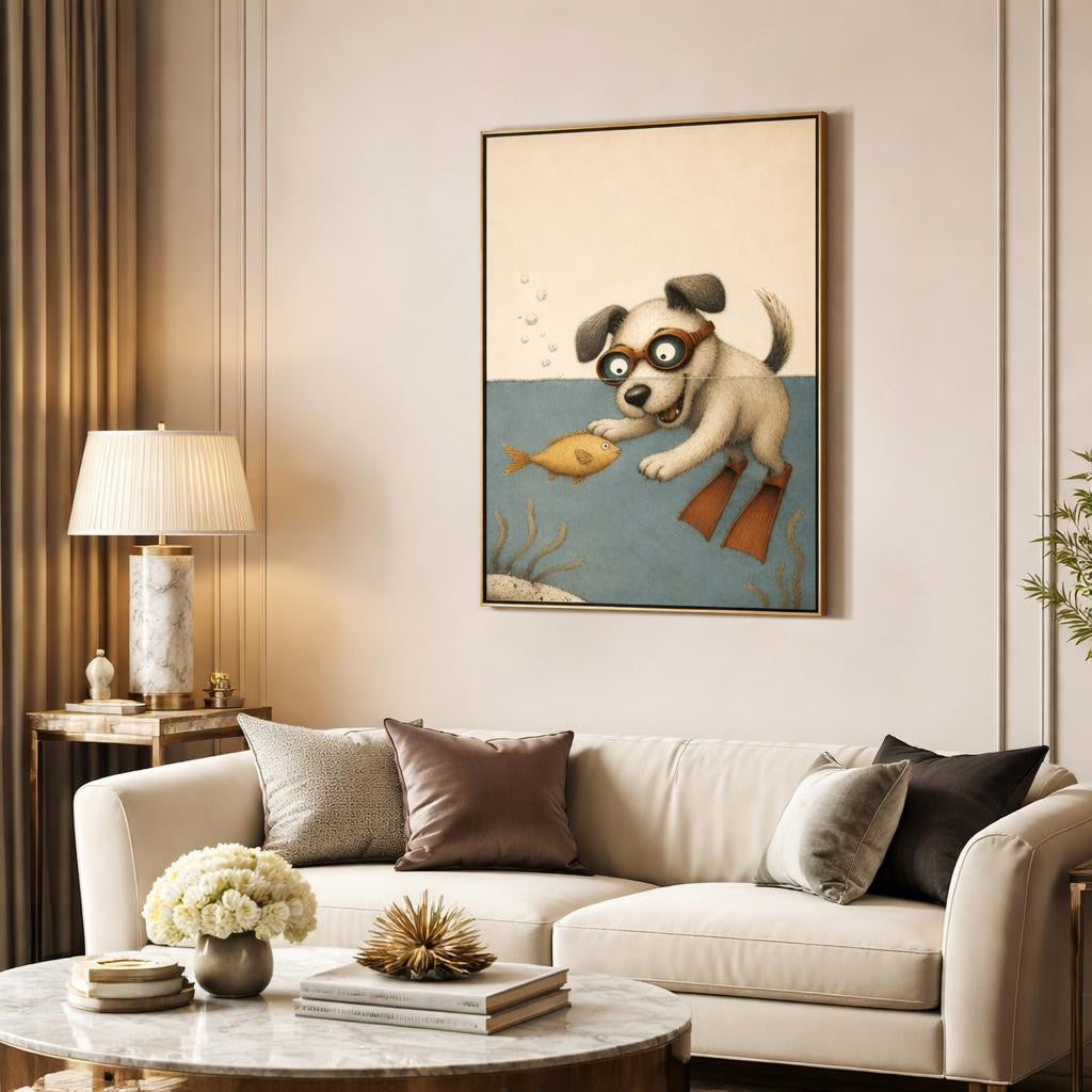 playful-puppy-underwater-canvas-wall-art