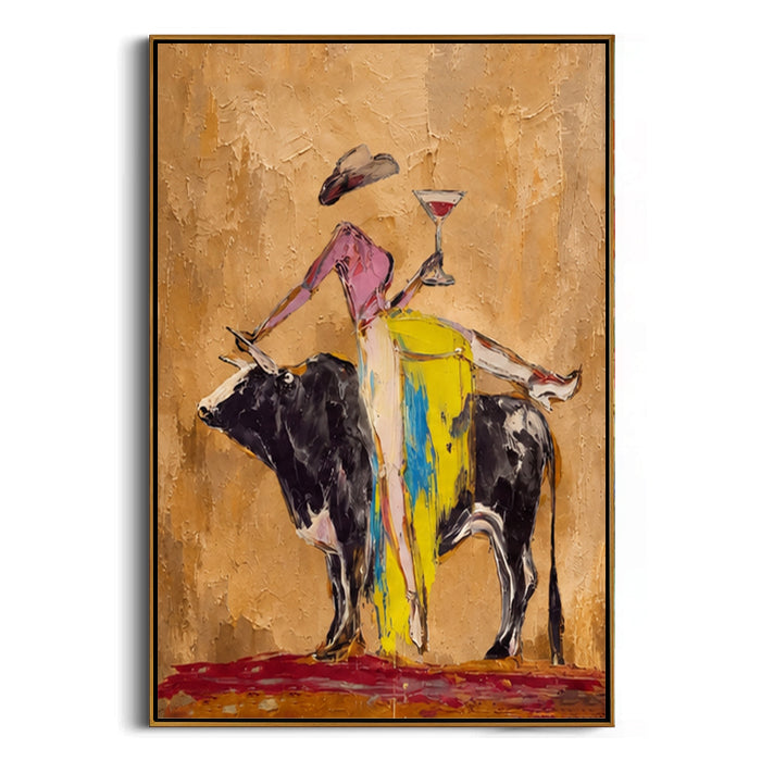 surreal lady on bull framed canvas art