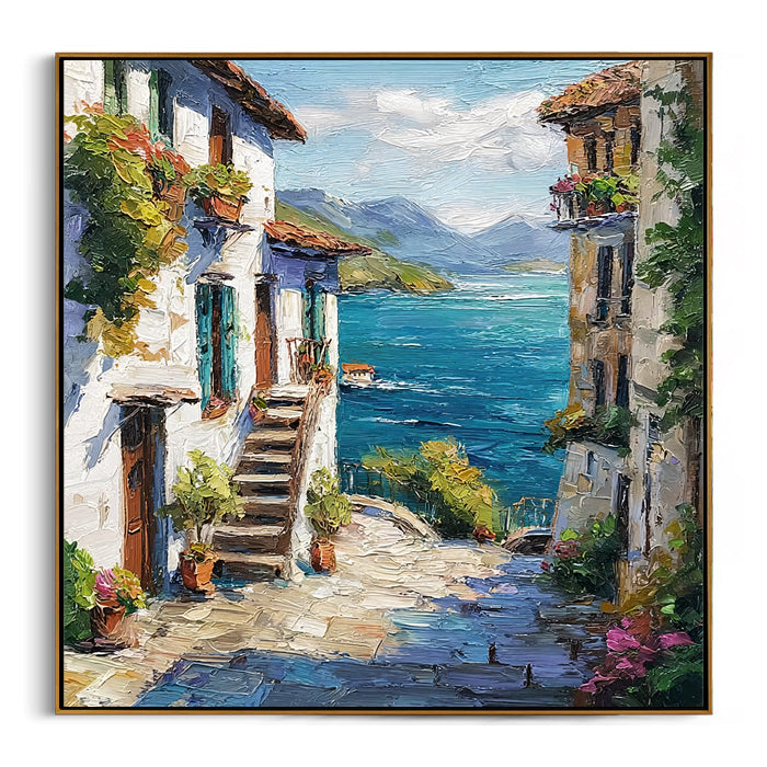 turquoise-lake-and-charming-stone-houses-painting-frame