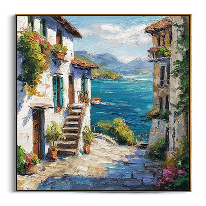 turquoise-lake-and-charming-stone-houses-painting-frame